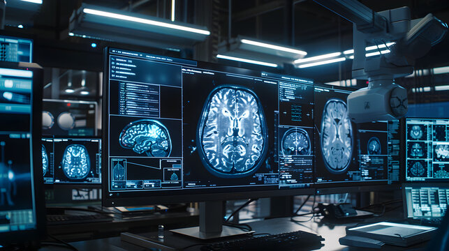 MRI brain scan displayed on multiple monitors within a high-tech neurology lab, with digital highlights pinpointing the areas affected by TBI.