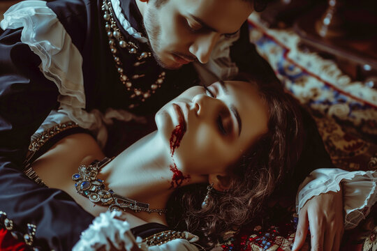 Dracula biting a maiden's neck, unconscious woman drinking blood from an elegant vampire on Halloween night