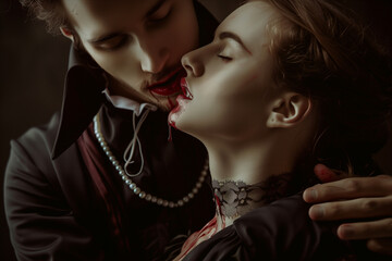 Dracula biting maiden's neck, vampire's bloody kiss to elegant woman on Halloween night