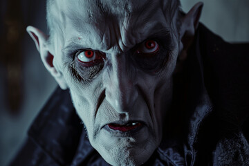 Dracula Nosferatu, terrifying portrait of a bloodsucking pale vampire, red gaze to scare you on Halloween night