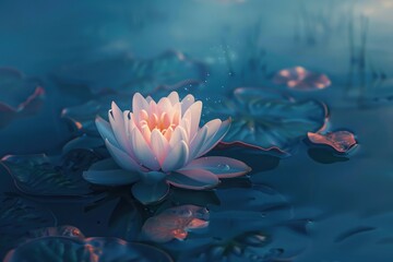 Waterlily or lotus flower is complimented by the rich colors of the deep blue water surface. 