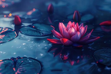  Waterlily or lotus flower is complimented by the rich colors of the deep blue water surface. 