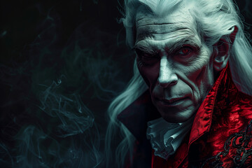 Classic Dracula in red suit, copy space of an elegant old vampire with long white hair and an aristocratic gesture for Halloween night - obrazy, fototapety, plakaty