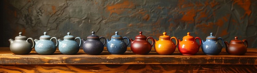 Capture the essence of tranquility with a low-angle shot showcasing a collection of teapots exuding a serene aura Ensure the teapots 