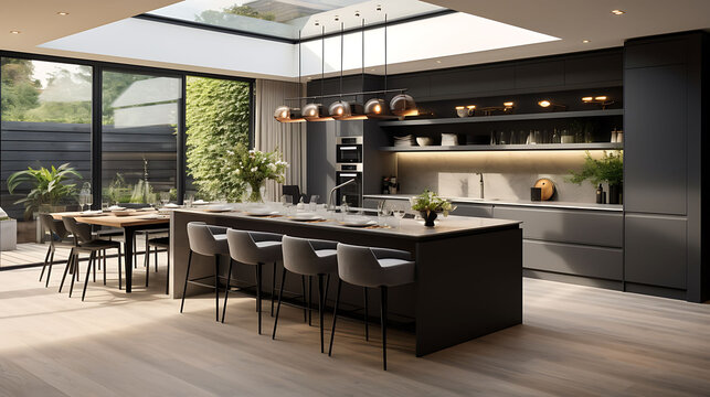 Stunning photograph showcasing the functionality and elegance of a modern grey kitchen, with ample natural light illuminating the space and accentuating its clean and contemporary design
