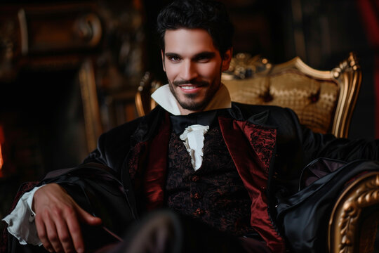 Dracula dashing and handsome, vampire sitting in an antique armchair with wooing and menacing gesture for Halloween night
