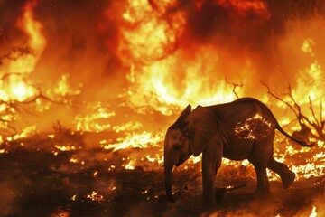 Lone elephant calf navigating through a raging wildfire, Concept of adversity, resilience, and nature's challenges - obrazy, fototapety, plakaty