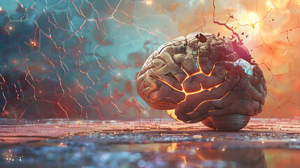 Creative Illustration of a brain with TBI, where the injury's impact is depicted as cracks and fissures filled with light.  - obrazy, fototapety, plakaty