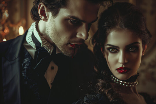 Dracula biting a maiden's neck, vampire couple feeding on blood on an elegant Halloween night