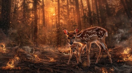 Fawn standing beside fallen doe in a forest with smoldering flames, a poignant representation of wildlife affected by forest fires, concept of nature's vulnerability.