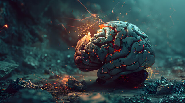 Illustration of a brain with TBI, where the injury's impact is depicted as cracks and fissures filled with light. 