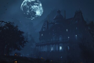 Dark, scary Haunted Mansion would make a great Halloween background illustration with its large moon and owl. 