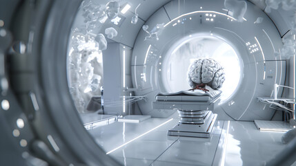 MRI zooms in on the brain regions most affected by ALS, providing a detailed view of motor neuron degeneration. The surrounding environment is a futuristic imaging lab - obrazy, fototapety, plakaty
