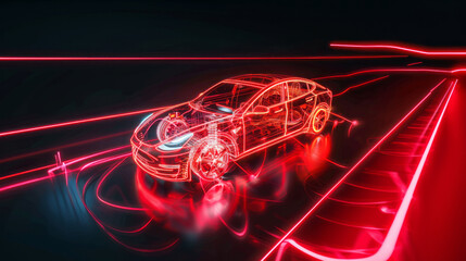 Red neon light outlines futuristic car