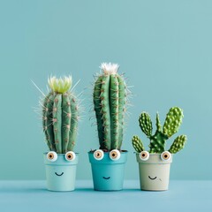 Three potted plants placed next to each other, each adorned with googly eyes, adding a playful touch to their appearance