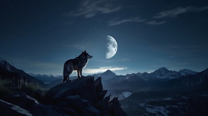 A hyper-realistic depiction of a lone wolf under the moonlight.
