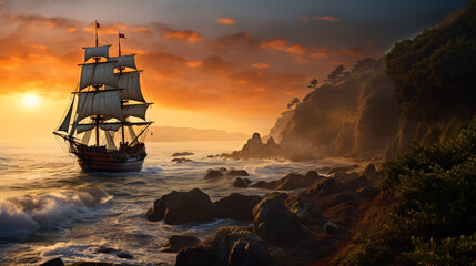Galleon sailing along the coastline United States ..