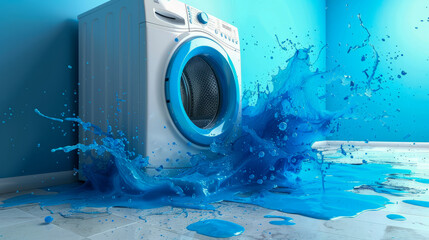 Overflowing washing machine disaster - obrazy, fototapety, plakaty