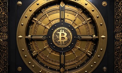 A modern vault door adorned with the Bitcoin emblem, merging traditional security with digital currency's cutting edge. It's a symbol of cryptocurrency protection.