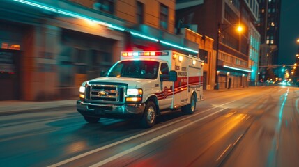 An ambulance speeds by with flashing lights and wailing sirens - obrazy, fototapety, plakaty