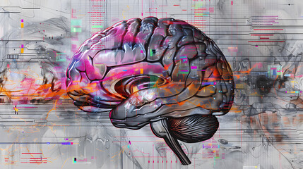 Abstract visualization of a brain hemorrhage from an MRI perspective, with vivid colors marking the hemorrhagic areas against the brain's grayscale anatomy.