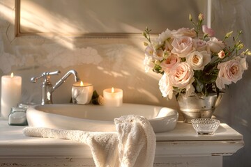 a vase of flowers and a towel on a counter