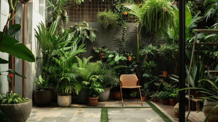 Lush beauty of a tropical terrace filled with a variety of plants creating a vibrant green oasis