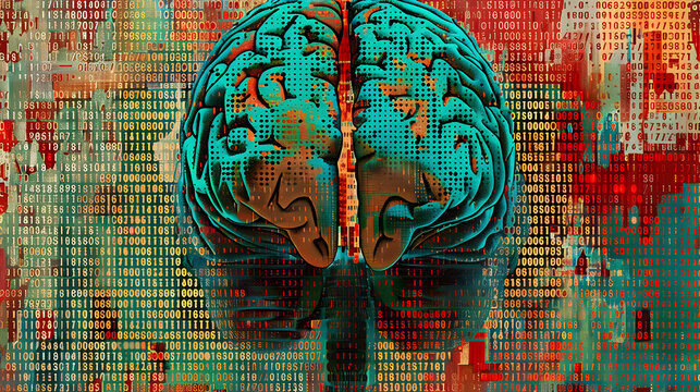 Conceptual piece where digital pixels converge to form the image of a brain suffering from hemorrhage on an MRI scan. The pixels symbolize the raw data processed by MRI technology.