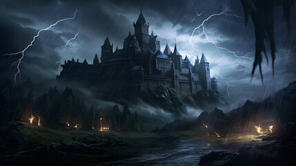 Great castle dark with strong rays and lightning .. - obrazy, fototapety, plakaty