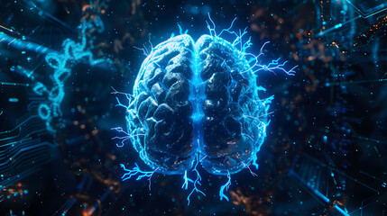 Abstract representation of a CVA-affected brain MRI, with the damaged areas illuminated by blue neon light against a darker, technology-themed backdrop.