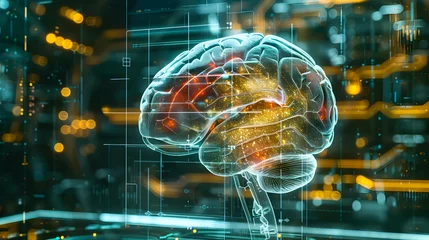 Fotobehang MRI scan of a hemorrhagic brain displayed on a transparent holographic interface, without annotations and 3D models pinpointing the site of bleeding. © Wanlaya