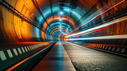 Mesmerizing view of a long tunnel illuminated by bright lights, creating a breathtaking visual...