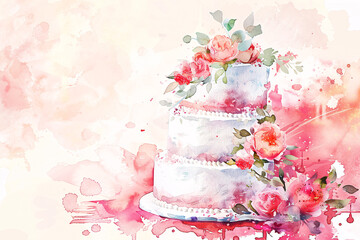 Watercolor style drawing of multi-tiered wedding cake with red roses