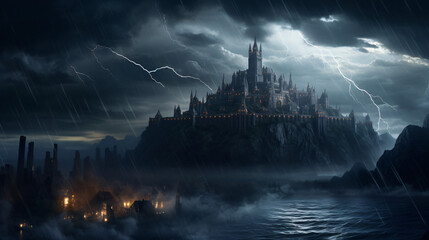 Great castle dark with strong rays and lightning ..