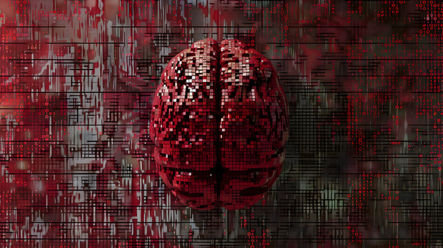 Conceptual piece where digital pixels converge to form the image of a brain suffering from hemorrhage on an MRI scan. The pixels symbolize the raw data processed by MRI technology.