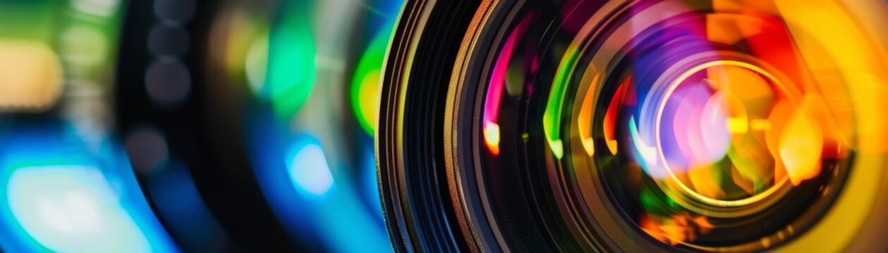 Vibrant colors reflected in the lens elements of a DSLR zoom lens