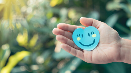 Hand holding blue paper cut happy smile face Positive