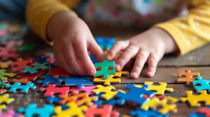 Fototapeta premium Hands of a child solving a color puzzle, promoting a message of kindness and acceptance towards people with autism