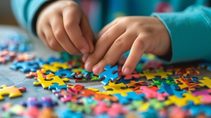 Close-up of a child's hands working on a color puzzle with autism spectrum disorder