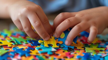Close-up of a child's hands working on a color puzzle with autism spectrum disorder