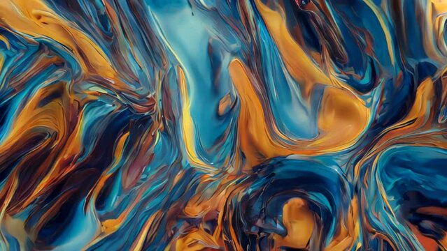 Abstract fluid art where blue and gold intermingle to create a vivid, flowing pattern, highlighting the contrast and beauty of colors.
