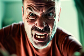 Angry man shouting and yelling. Rage and anger. Crazy person screaming. Mouth open, teeth and mad eyes. Furious face. Scary violent drunk behavior. Loud fight with evil neighbour. - obrazy, fototapety, plakaty