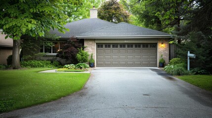 Closed garage door and empty driveway, security and privacy of a private home - obrazy, fototapety, plakaty