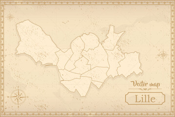 Map of Lille in the old style, brown graphics in retro fantasy style. city in France.