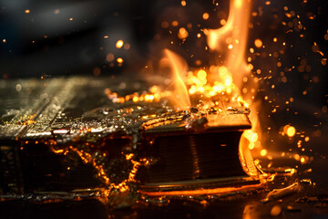 Design a hyper-realistic image of a bible being forged from molten gold.