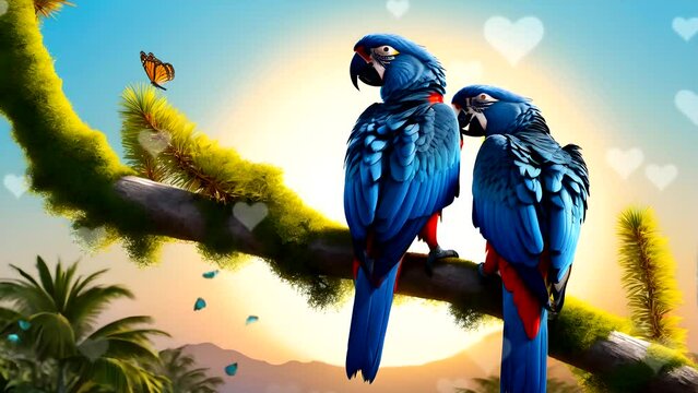 Two blue macaw on a branch. Seamless looping time-lapse 4k video animation background