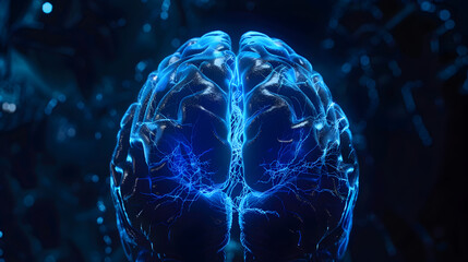 Abstract representation of a CVA-affected brain MRI, with the damaged areas illuminated by blue neon light against a darker, technology-themed backdrop.