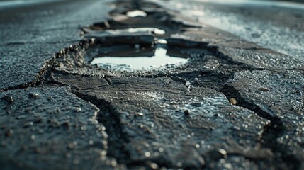 Close-up of a damaged asphalt road, focusing on the deep potholes and uneven surface