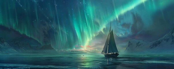 A sailboat journeys through a sea of dreams where waves glow under the auroras magic a tapestry of light and water - obrazy, fototapety, plakaty