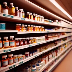 Shelves of medicine, drugs and pills stocked in pharmacy for sale